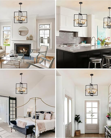 6-Light Black and Gold Chandelier, Geometric Dining Room Light Fixture, Modern Chandelier, Hanging Industrial Metal Farmhouse Chandeliers for Living Room Entryway Foyer Kitchen
