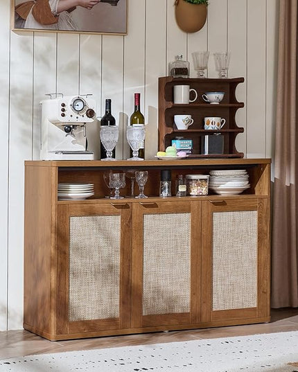 LEYAOYAO Rattan Sideboard Buffet Cabinet,45" Coffee Bar Cabinet with 3 Doors & Open Storage Shelf,Modern Credenza Console Table for Living Room Rattan Farmhouse entryway Brown