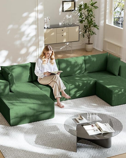 138" Boneless Couches for Living Room, Modular Cloud Couch Sofa - 5 Pieces U Shap Corduroy Sectional Sofa, Fluffy Memory Foam Sleeper Sofa Furniture, No Assembly, Wide Armrest, Green