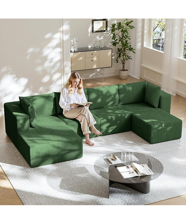 138" Boneless Couches for Living Room, Modular Cloud Couch Sofa - 5 Pieces U Shap Corduroy Sectional Sofa, Fluffy Memory Foam Sleeper Sofa Furniture, No Assembly, Wide Armrest, Green