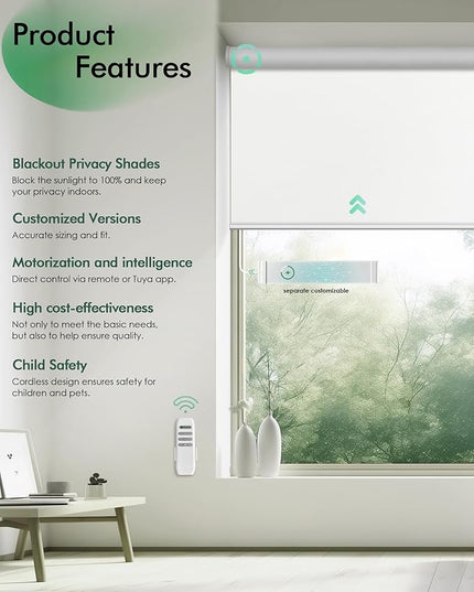 Yoolax Motorized Blinds with Remote, Blackout Remote Shades for Windows, Automatic Roller Shades Cordless Electric Blinds for Bedroom Living Room Office, Custom Size (Fabric White)