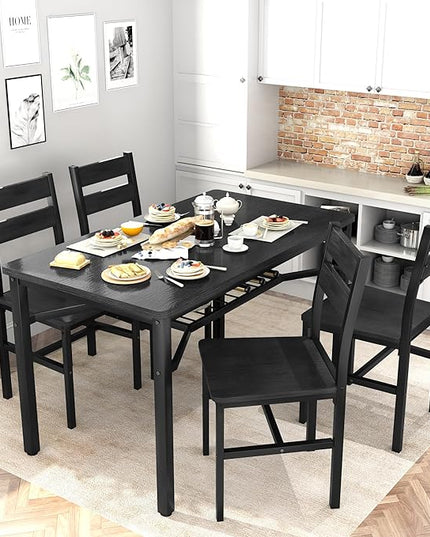 Hooseng Dining Table Set for 4, Wood Kitchen Table Chairs Set with Storage, Farmhouse 5 Piece Dining Room Table Set, Space-Saving Dinette Set for Breakfast Nook, Apartment (Black)