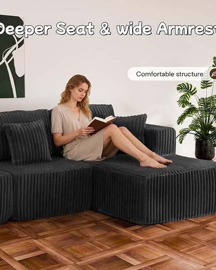 132" U Shaped Boneless Couch, Cloud Sectional Modular Sofa with Double Chaise Lounge, Corduroy Cloud Couch with Pillows & Deep Seat, Boneless Sofa for Living Room, Black