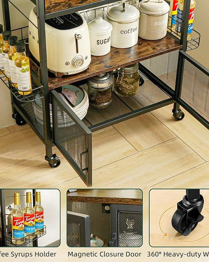 Coffee Bar Cart with Wheels, 5-tier Coffee Bar Table, Kitchen Coffee Bar Cabinet with Storage, Rustic Coffee Bar, Rolling Coffee Cart, Coffee Nook, Corner Coffee Bar Station with Drawer, Bakers Rack