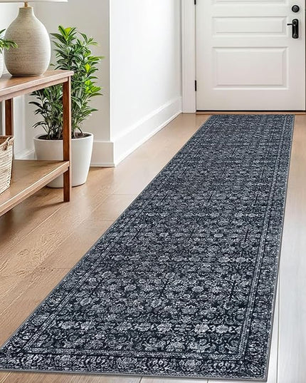 2x8 Washable Runner Rug for Hallways, Black Soft Classic Kitchen Rugs with Non-Slip, Non-Shedding Distressed Floral Carpet for Hallways Entryway Bedroom Bathroom Laundry Indoor