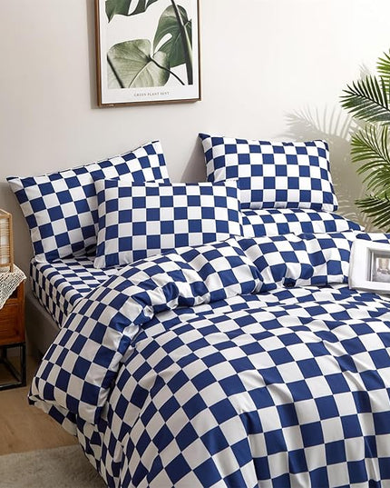 CLOTHKNOW Royal Blue White Plaid Full Size Comforter Sets Grid Bedding Comforter Sets Soft Blue Comforter with 2 x Pillow Cases