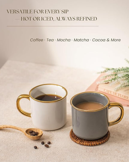 Stoneware Electroplated Mug Set of 4-15oz Ceramic Coffee & Tea Cups with Gold Handle - Perfect for Hot & Iced Drinks - Dishwasher Safe - Modern Chic Design - Ivory White & Gray - Ideal Gift