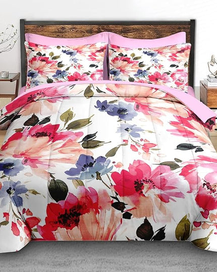 Comforter Set Queen Size, Flower Floral Leaf 7 Pcs Bedding for Kids and Adults, Painting Summer Spring Bed Sheet Sets with Fitted Sheet 2 Pillowcases & 2 Shams for Bedroom Bed Decor