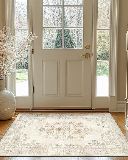 jinchan Vintage Floral 3x5 Area Rugs for Entryway - Machine Washable Distressed Design Ultra-Thin Low-Pile Soft Non-Shedding Carpet for Kitchen Bedroom Entrance Laundry Living Room (3x5ft, Light Grey)
