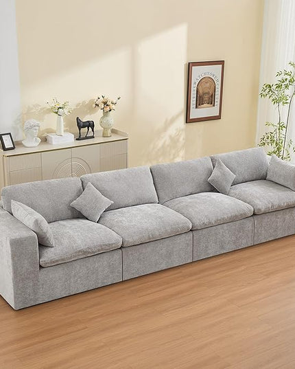 155''Cloud Boneless Sectional Couch, Modular Sectional Sofa Deep Seat, Oversized Upholstered Convertible Comfy 4 Seater Chenille Memory Foam Sofa Couches for Living Room, Light Grey