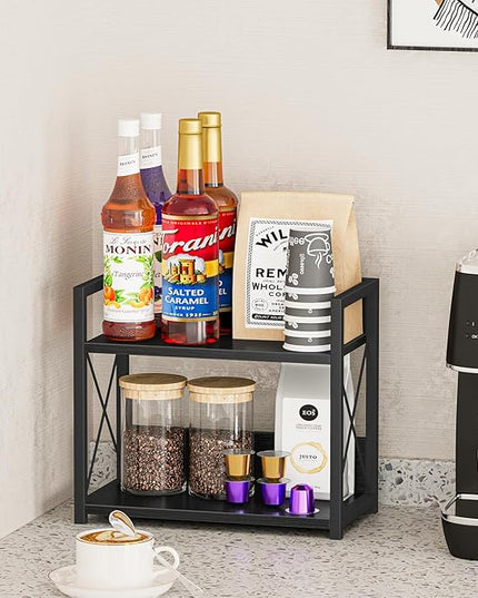 Giikin Kitchen Counter Shelf, 2 Tier Kitchen Spice Rack Organizer for Countertop, Wood Coffee Bar Organizer for Home (Black, S)
