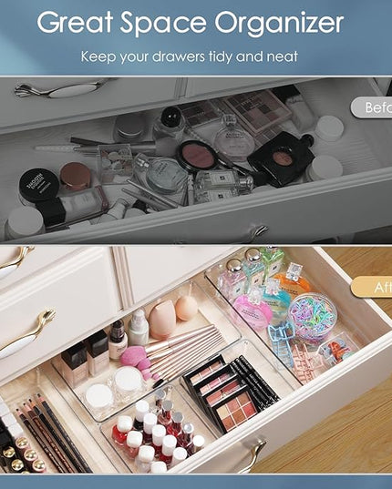 12 Pack Large Clear Plastic Drawer Organizer Set, Acrylic Bathroom Organizer Vanity Trays Dividers, Kitchen Organizers and Storage, Non-Slip Storage Bins for Makeup, Snacks, Office, Desk, Fridge