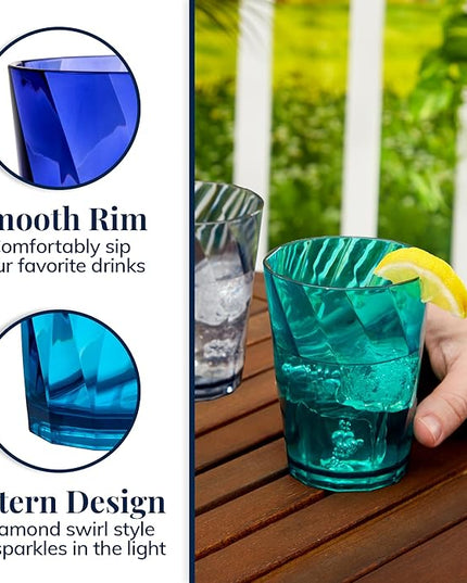 US Acrylic Optix Plastic Reusable Drinking Glasses (Set of 8) 14oz Rocks Cups in Coastal Colors | BPA-Free Tumblers, Made in USA | Top-Rack Dishwasher Safe