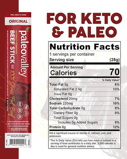 Paleovalley 100% Grass Fed Original Beef Sticks - Delicious Gluten Free Beef Snack - High Protein Keto Friendly