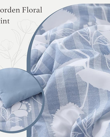 King Comforter Set -7 Pieces Blue Floral Comforter Set for All Seasons, Bed in a Bag King with Botanical Flowers Comforter, Sheets, Pillowcases & Shams