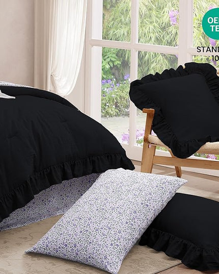 Full Comforter Set - 7 Pieces Ruffle Black Bedding Sets, Shabby Chic Farmhouse Bed in a Bag Full with Ruffle Comforter, Floral Sheets, Pillowcases & Shams