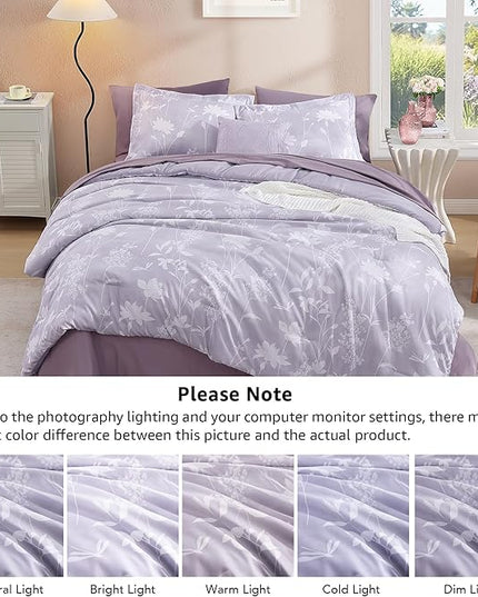 Queen Comforter Set -7 Pieces Floral Purple Comforter Set for All Seasons, Bed in a Bag Queen with Botanical Flowers Comforter, Sheets, Pillowcases & Shams