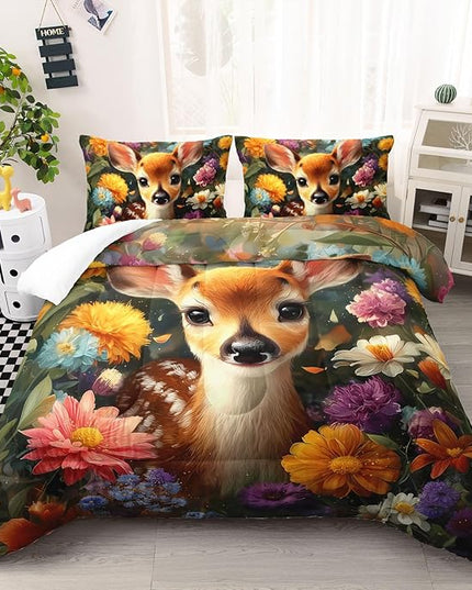 AILONEN Cute Deer Comforter Set Full Size,Kawaii Fawn Animal Bedding Sets Bedroom Decor,Beautiful Floral Duvet Set,3-Piece, 1 Quilt and 2 Pillowcases,Soft Breathable