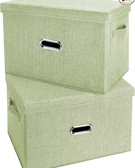 Large Linen Fabric Foldable Storage Bins with Removable Lid and Handles, Washable Storage Box Organizer Containers Baskets Cube with Cover for Bedroom,Office(Green, XXL(2-Pack))