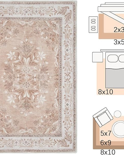 jinchan Vintage Floral 3x5 Area Rugs for Entryway - Machine Washable Distressed Design Ultra-Thin Low-Pile Soft Non-Shedding Carpet for Kitchen Bedroom Entrance Laundry Living Room (3x5ft, Coral Pink)