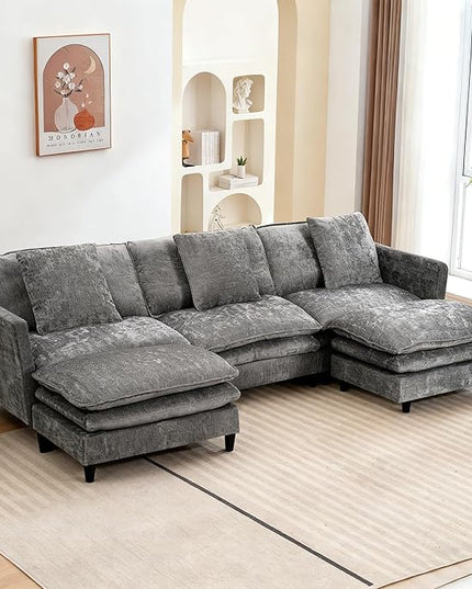 Modular Sectional Sofa, 143.31'' Modern Sofa Sleeper Couch with 3 Seat & 3 Pillows Sofa Set, Comfy Cloud Couches with Movable Ottoman, Deep Seat Couch for Living Room Chenille (Grey, U Shaped)