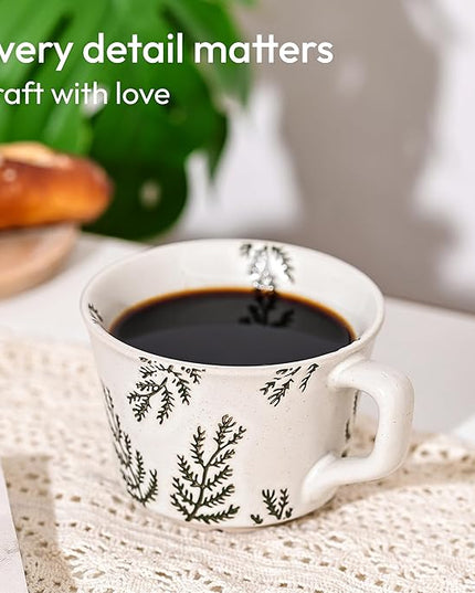 Ceramic Coffee Mug, 12 oz Novelty Unique Teacup with Handle, Stoneware Cup for Tea Mocha Latte Cappuccino Espresso (Set of 2, Ivy and Leaf)
