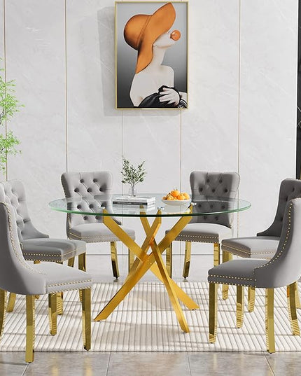 Round Glass Dining Table Set for 6, 47'' Clear Circular Kitchen Table and Chairs Set, 7PCS Modern Circle Dining Room Table Set with 6 Velvet Dining Chair for Home