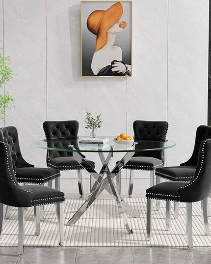 Round Glass Dining Table Set for 6, 47'' Clear Circular Kitchen Table and Chairs Set, 7PCS Modern Circle Dining Room Table Set with 6 Velvet Dining Chair for Home
