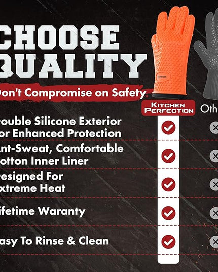 KITCHEN PERFECTION XL Silicone Smoker Oven Gloves-Extreme Heat Resistant BBQ Gloves-Handle Hot Food Right on Your Grill Fryer&Pit|Waterproof Grilling Cooking Baking Mitts|Superior Value Set+3 Bonuses
