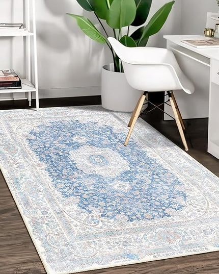 Blue Rug 3x5,Washable Area Rugs for Bedroom Living Room Kitchen Entryway,Small Boho Vintage Bohemian Distressed Non Slip Carpet,Floral