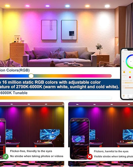 Black Smart Recessed Lighting 4 Inch RGBCW Color Changing 12W LED Downlight with Junction Box,1000 Lumen Recessed Ceiling Light Compatible with Alexa,Dimmable by Bluetooth Control -1Pack