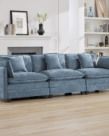111'' Sectional Cloud Deep Seat Couch, Modern Comfy Chenille Modular Sectional Sofa for Living Room Set, Upholstered Modular 3-Seats Sofa Couch, Blue