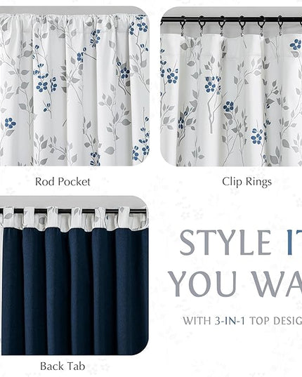 Beauoop Floral 100% Blackout Curtains 96 Inches Long 2 Panels for Bedroom Living Room Blue Grey and White Flower Patterned Room Darkening Thermal Soundproof Rod Pocket Back Tab Window Drapes, 52X96