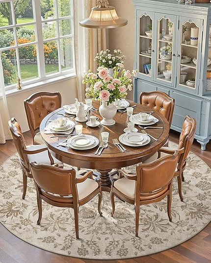 jinchan Torino Classic Floral Round Rug 8ft, Vintage-Inspired Neutral Design 8’Circle Rug, Machine Washable Ultra-Thin Low-Pile Non-Slip Indoor Carpet for Bedroom Dining Room Living Room, Taupe