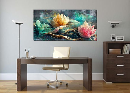 Lotus Flower Wall Art for Living Room, Floral Canvas Picture Print for Bedroom, Vintage Artwork Decor for Home, Stretched and Framed Ready to Hang, Size 48x24 Inches