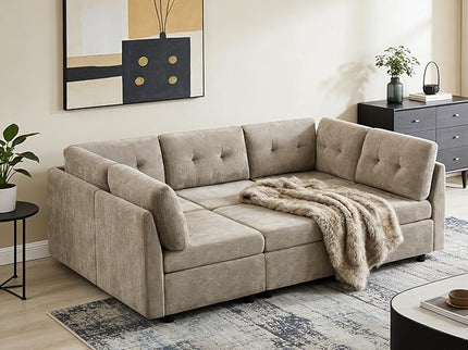 VANOMi 5 Seater Modular Sectional Sofa, Convertible Modular Cloud Sofa Bed with Ottoman, Comfy Chenille Sofas & Couches for Living Room, Apartment, Office, Beige, Sofa Bed