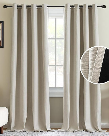 H.VERSAILTEX 90% Blackout Linen Curtains 108 Inches Long for Bedroom/Living Room Thermal Insulated Grommet Curtain Drapes Primitive Textured Burlap Effect Window Drapes 1 Panel - Heather Natural/Black