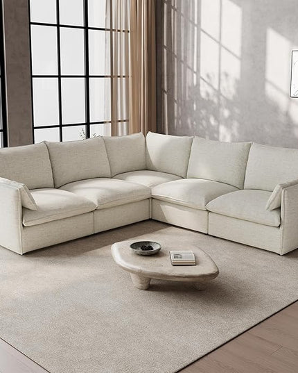 Waterproof Cloud Sectional Sofa for Living Room,High Backrest Down Filled Couch,5 Seater Oversized Modular V-Shaped Couches,Detachable Couch Covers,Cream White