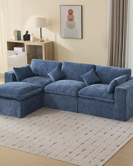 115''Cloud Boneless Sectional Couch, Modular Sectional Sofa Deep Seat with Ottoman, Oversized Upholstered Convertible Comfy 4 Seater Chenille Sofa L Shape Couches for Living Room, Blue