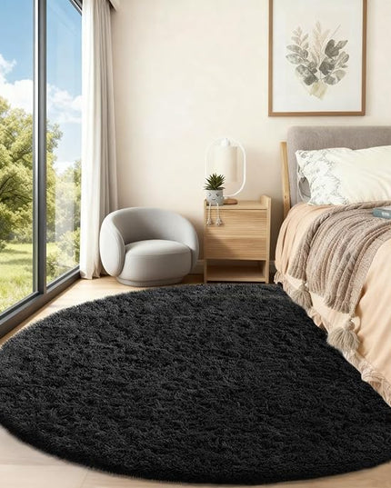 Ophanie Round Rug 6Ft Black Circle Area Rug, Room Decor for Men, Fluffy Fuzzy Bedroom Carpet, Plush Soft Shaggy Living Room Rugs for Kids Home Decor Aesthetic, Nursery