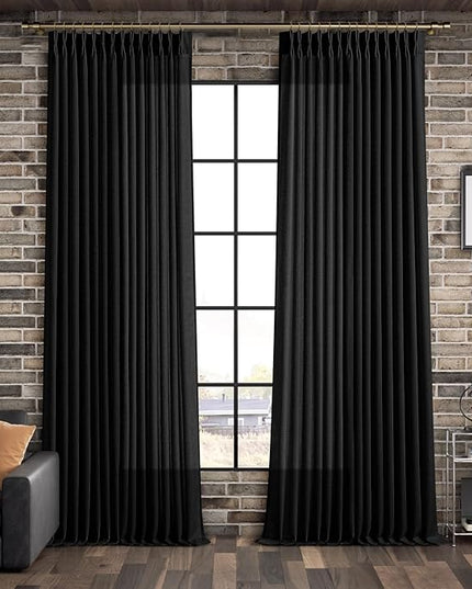 Pinch Pleated Linen Black Curtains 90 Inches Long Drapes for Living Room, Light Fitering Non See Through Privacy Window Pleat Curtain with Back Tab Hooks for Bedroom Dining Room 2 Panels Set