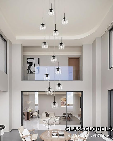 KoKo&Yukina 12-Light Black Mid Century Modern Chandelier for Living Room Staircase Chandelier for Entryway Clear Globe Glass Chandelier High Ceiling Chandeliers Foyer Entryway (Bulb & Remote Incl.)