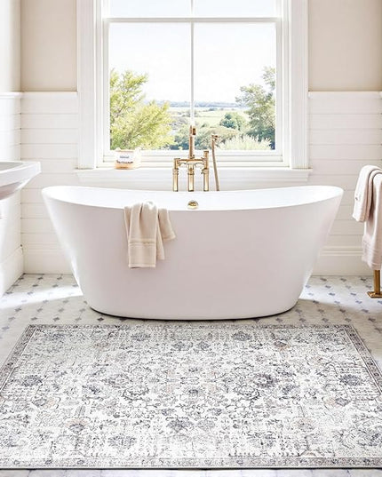 jinchan Kalen Area Rug 4x6 Washable Bedroom Rug Vintage Indoor Thin Floor Cover Retro Accent Mat Distressed Gray Floral Country Boho Non Slip Carpet for Living Room Kitchen Dining Room Office Grey