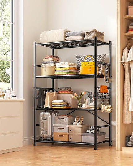 Storage Shelves 4-Tier Large Capacity Metal Shelving with Hooks, Heavy Duty Garage Shelving Unit with Leveling Feet, Stable Metal Shelves for Pantry, Kitchen and Closet,36" W x 12" D x 60" H, Black