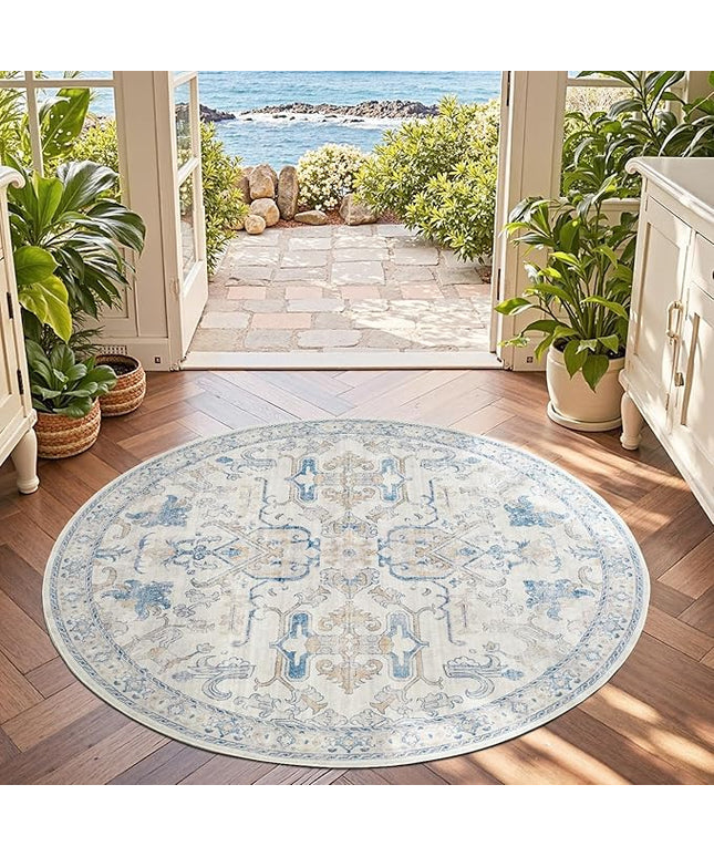 jinchan Round Rug 5ft Area Rug Indoor Vintage Floral Circle 5' Washable Ultra-Thin Low Pile Soft Small Non Slip Distressed Print for Living Room Dining Room Bedroom Entryway Blue