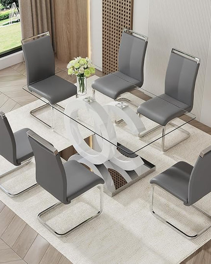 Ebullient Glass Dining Table Set for 6 ，7 Piece Dining Table Set,Tempered Glass Table Top，White Modern Dining Room Table with 6 PU Leather Ergonomic Dining Chairs