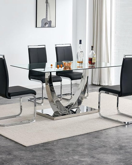 63” Glass Dining Table Set for 4,Modern Dining Room Table Set for 4, Kitchen Table and PU Leather Chairs, Dinner Table with Rectangle Tempered Glass Top and Chrome Silver Base