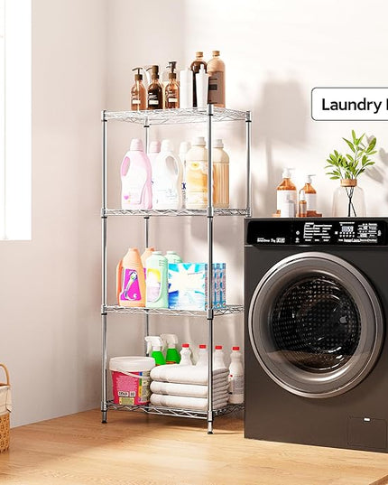 4 Tiers Shelf Metal Storage Shelves Wire Rack Closet Organizers with Wheel for Garage Kitchen Bathroom Laundry Chrome 11.8" D x 17.7" W x 41.9" H