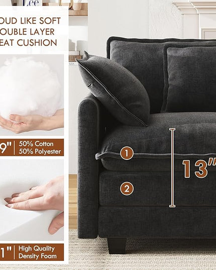 WorthFurni 77 Inch Cloud Sofa Loveseat, Comfy Sectional Couch, 2-Seater Chenille Deep Seat Sofa with Throw Pillows for Living Room Bedroom Apartment (Black)