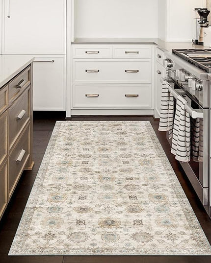 ReaLife Rugs Machine Washable Area Rug Runner - Living Room Bedroom Bathroom Kitchen Entryway Office - Padded Low Pile Stain Resistant Premium - Boho Farmhouse Vintage - Bryn - Beige Seafoam 2'6"x6'